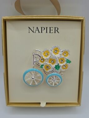 Napier Silver Tone Floral Cart Brooch with Yellow and Turquoise Accents